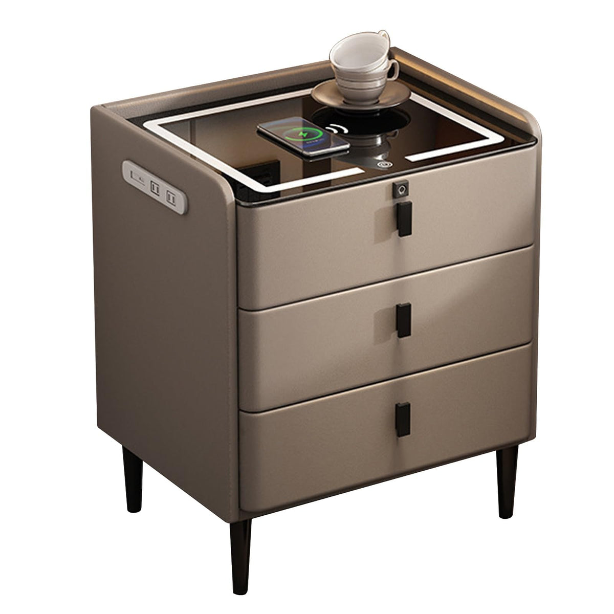 Khaki Nightstand with Wireless Charging Station and 3 Drawers D42527