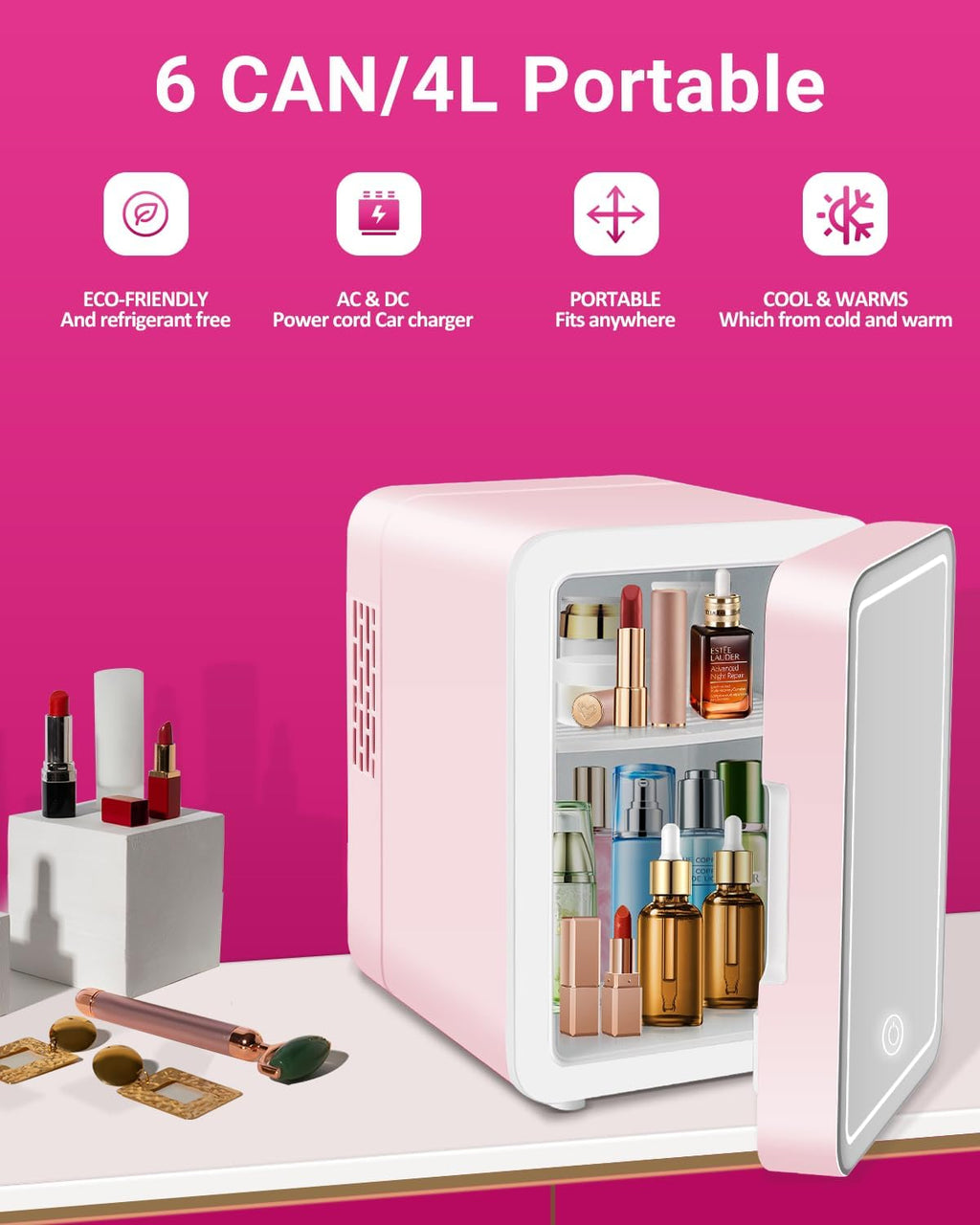 4-Liter Pink Portable Mini Fridge with Mirrored Door P892