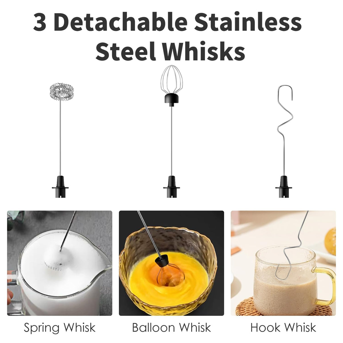 Rechargeable Handheld Milk Frother with 3 Stainless Steel Whisks S935494