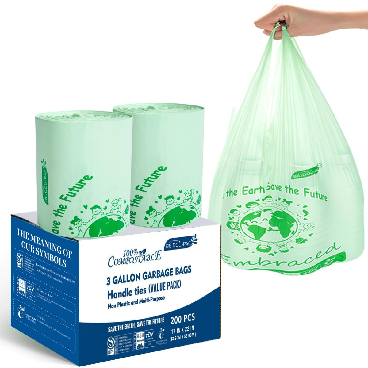 100% Compostable 3 Gallon Trash Bags with Handle, 200 Count S569181