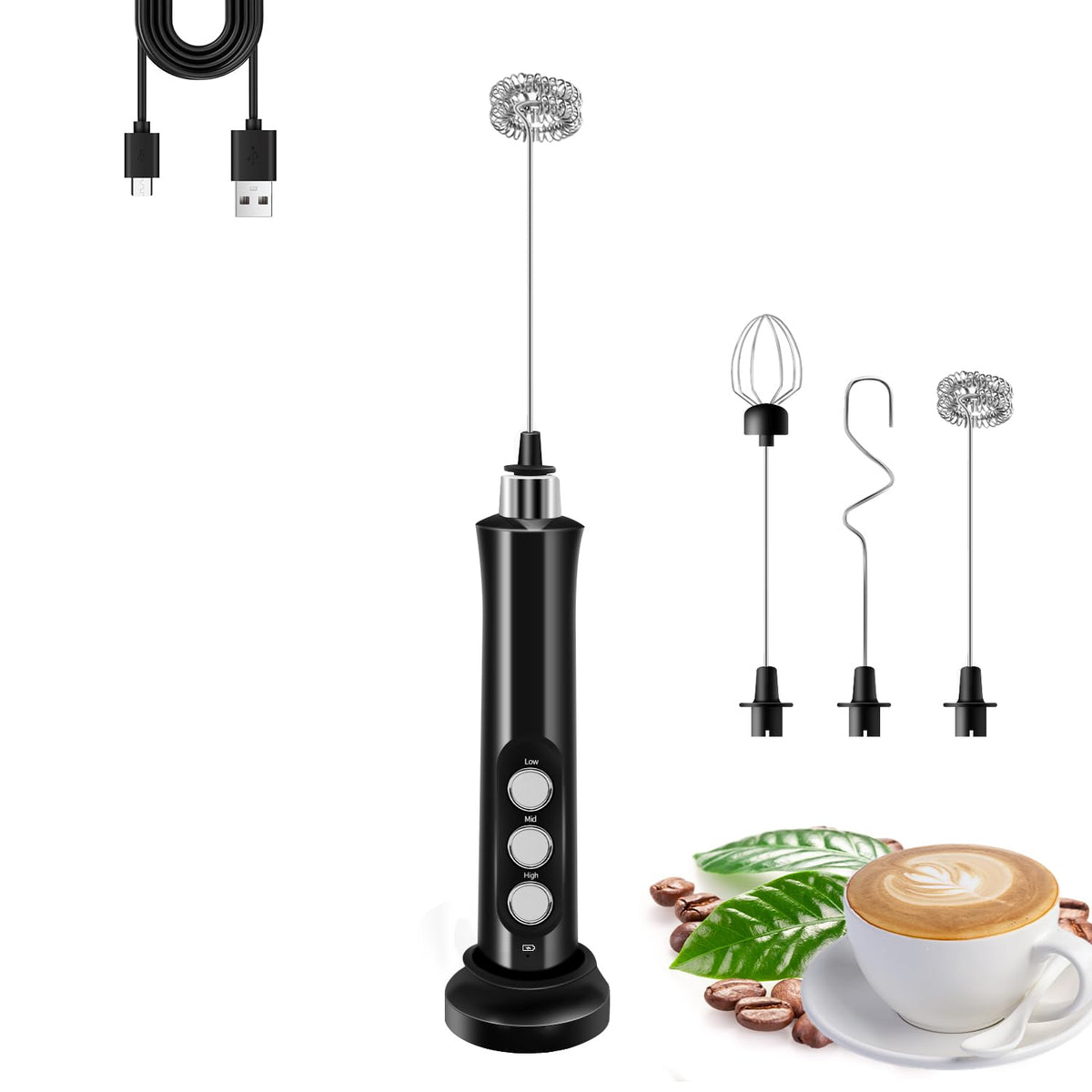 Rechargeable Handheld Milk Frother with 3 Stainless Steel Whisks S935494