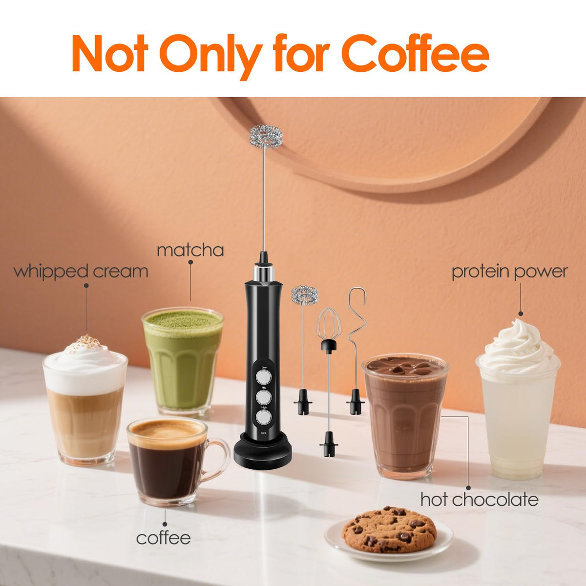 Rechargeable Handheld Milk Frother with 3 Stainless Steel Whisks S935494