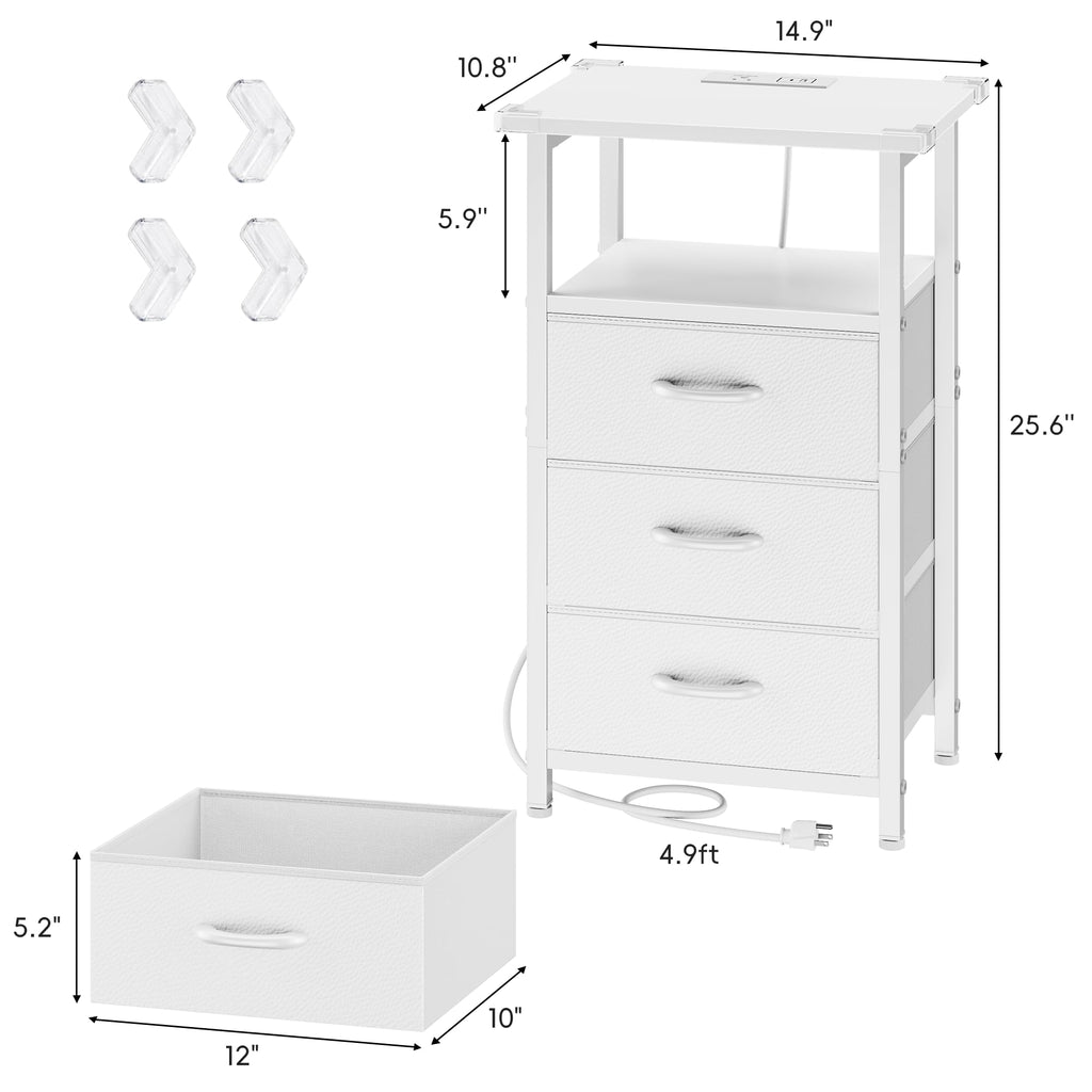 White Nightstand with Charging Station and 3 Fabric Drawers K9726
