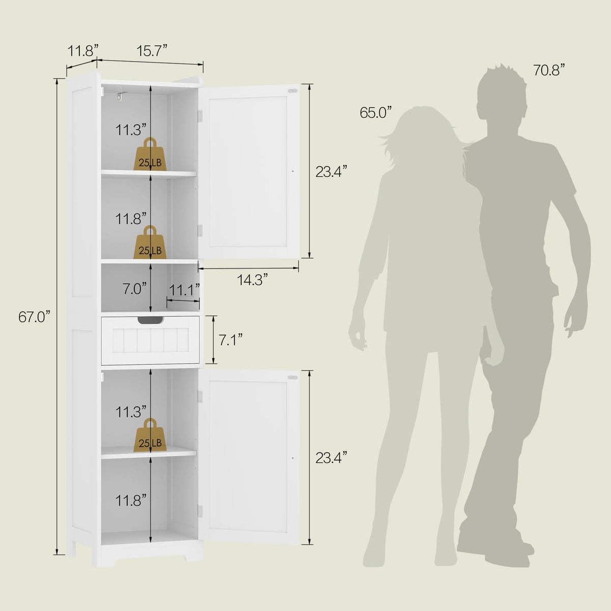 67" H Tall White Bathroom Storage Cabinet Z304