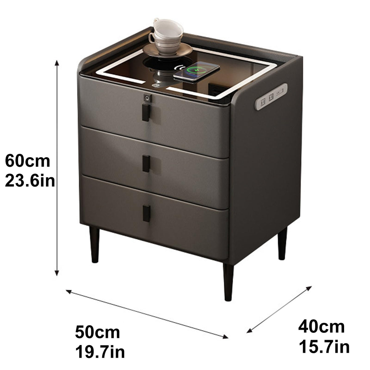 Khaki Nightstand with Wireless Charging Station and 3 Drawers D42527
