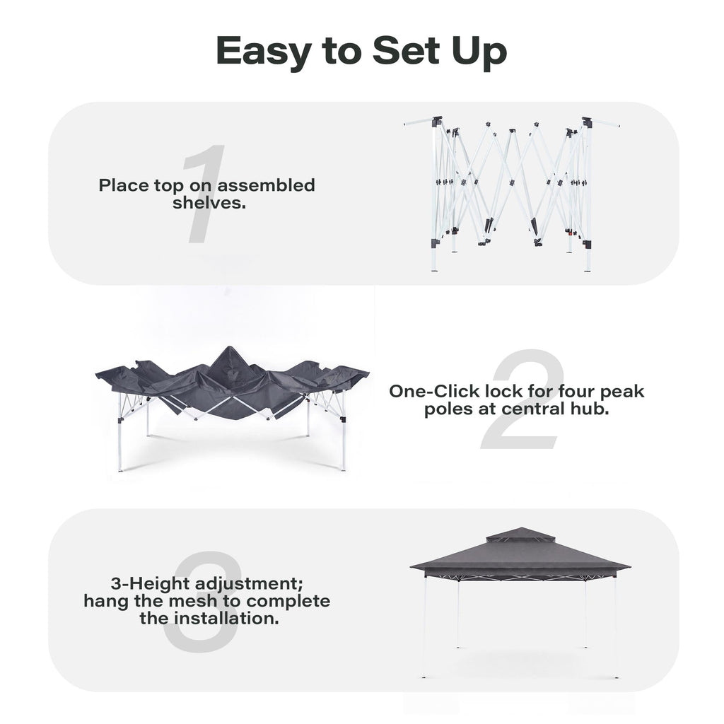11x11 Pop Up Gazebo Canopy Tent with Mosquito Netting, Adjustable Height, Gray I179