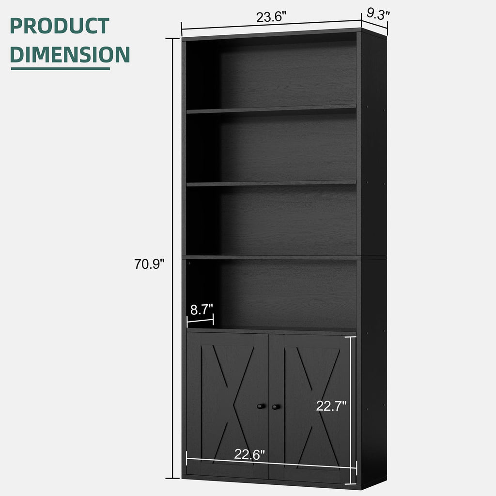 Black 6 Shelf Bookshelf with Doors T385