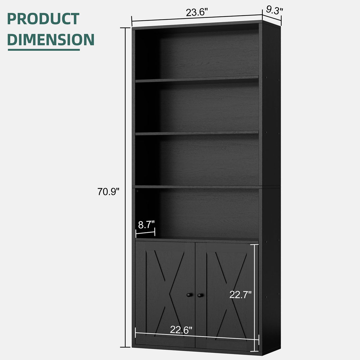 Black 6 Shelf Bookshelf with Doors T385
