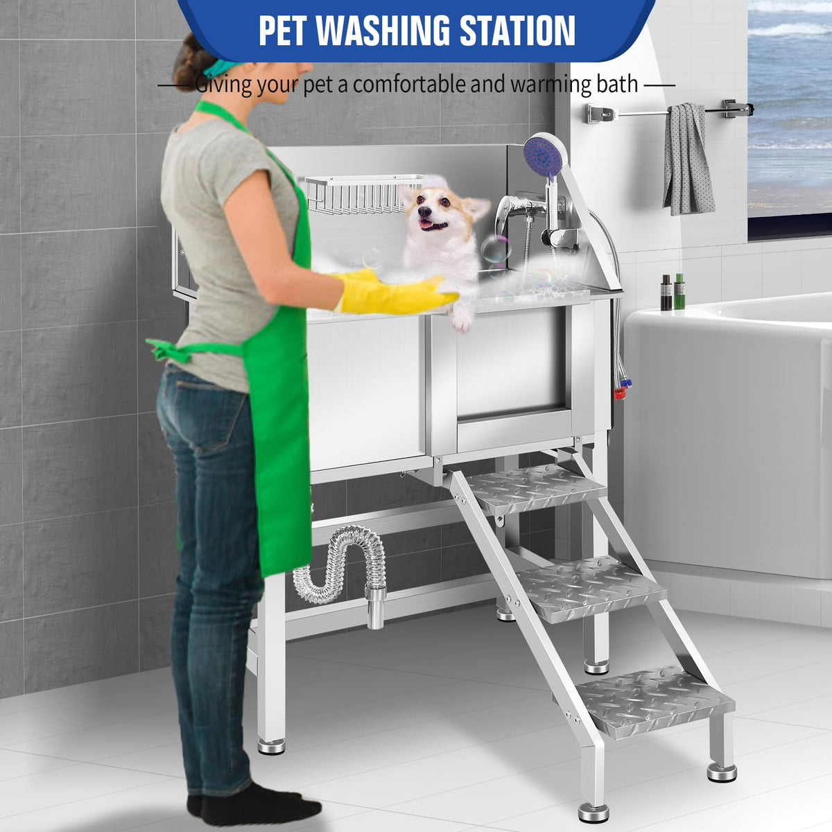 Stainless Steel Dog Washing Station with Stairs E862