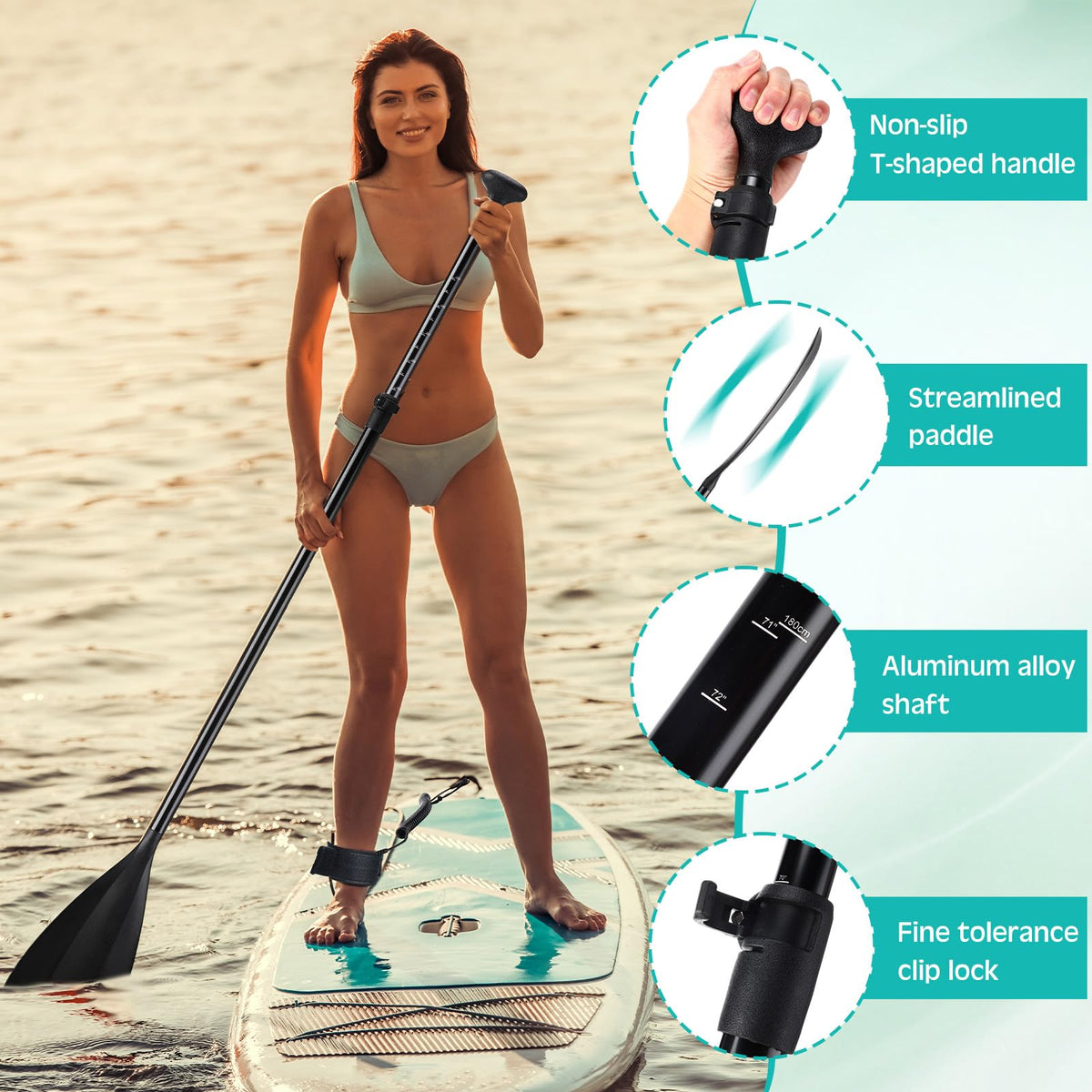 3 Pieces Paddle Board Paddle with Leash Detachable Aluminum Alloy Shaft C6444