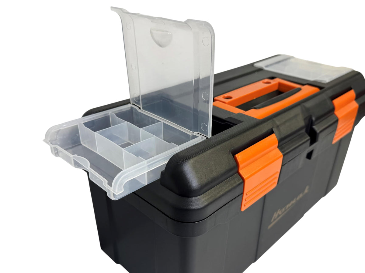Plastic Tool Box with Tray and Dividers, Black, 19.25 Inches K5366