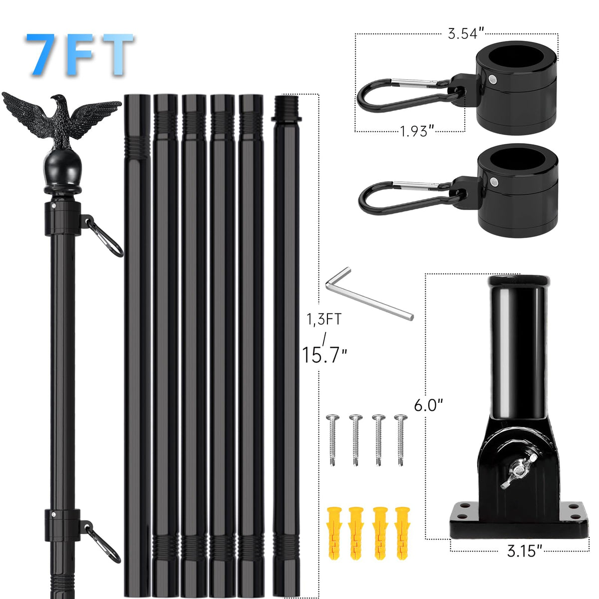 7FT Stainless Steel Flag Pole Kit with Solar Light and Adjustable Bracket V246