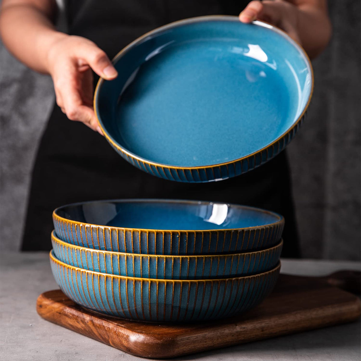 4 Pcs 35 Ounces 8.5 Inch Porcelain Pasta Bowls Blue C612451