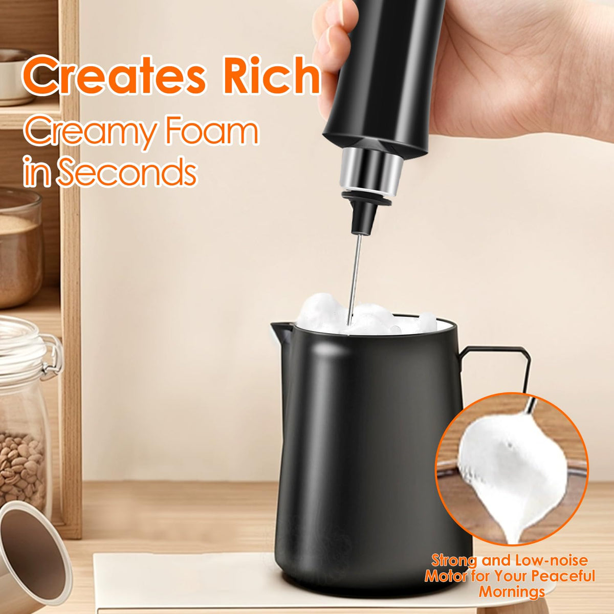 Rechargeable Handheld Milk Frother with 3 Stainless Steel Whisks S935494
