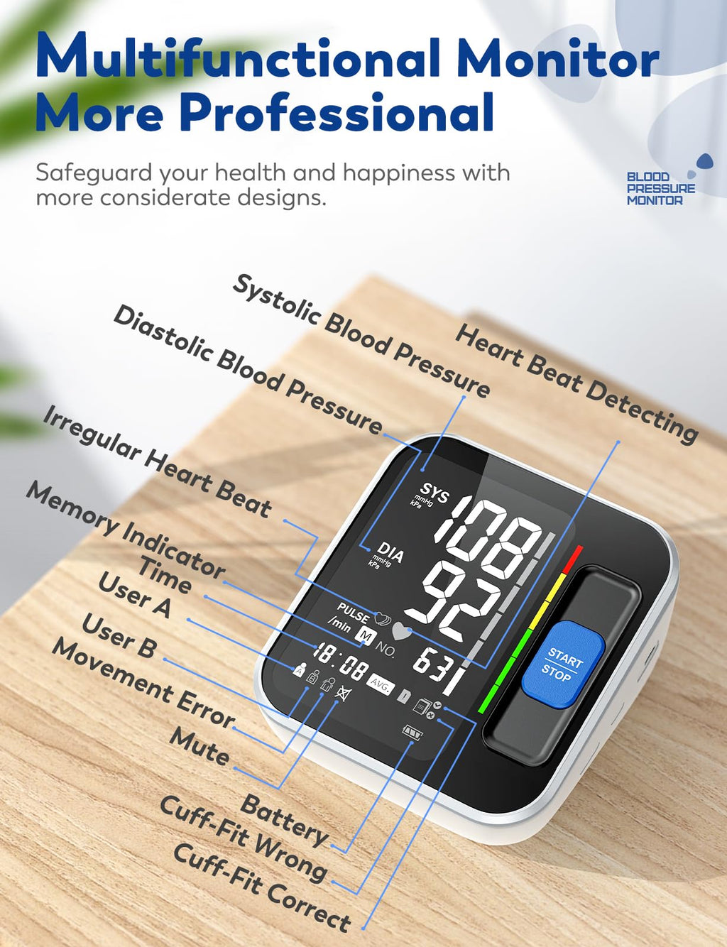 Upper Arm Blood Pressure Monitor with Backlight Display 2 Users Memory P91534