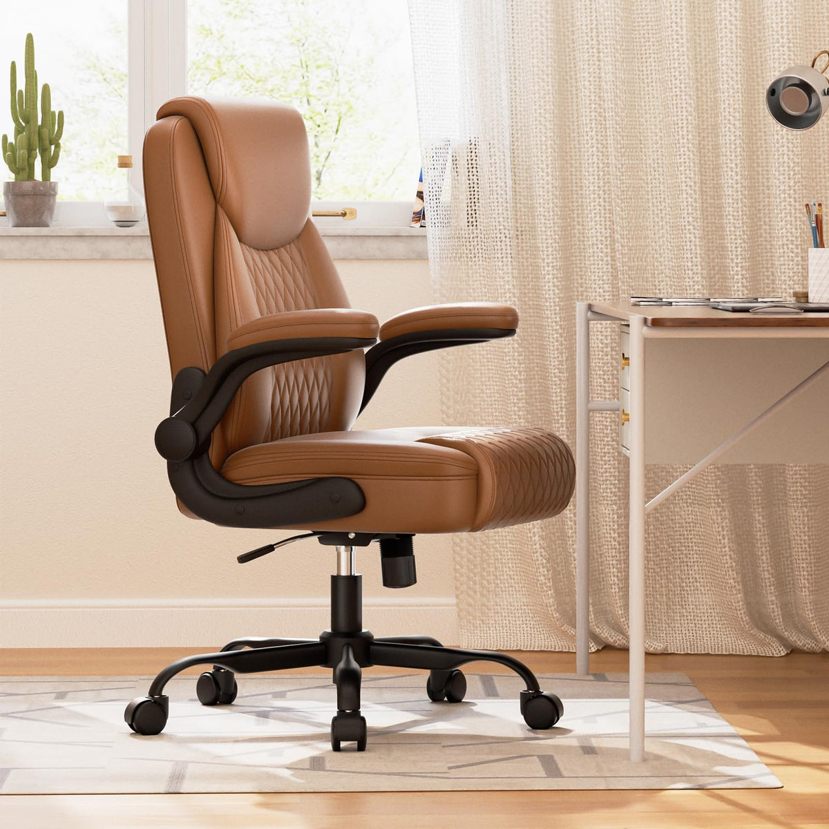 Brown PU Leather Office Chair with Flip-up Arms E355476