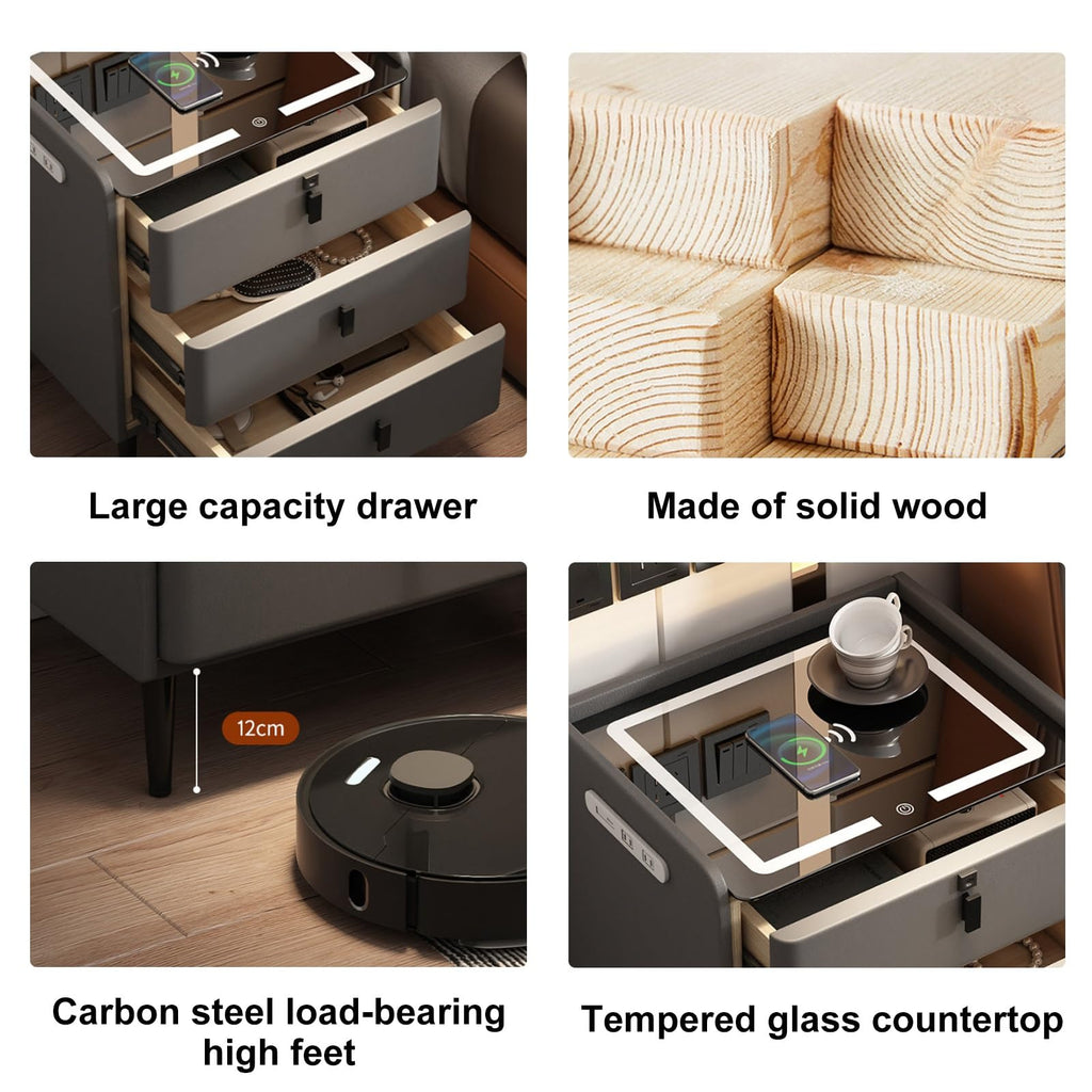Khaki Nightstand with Wireless Charging Station and 3 Drawers D42527