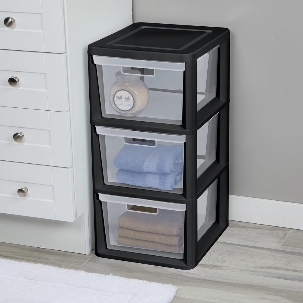 Black 3-Drawer Plastic Storage Tower with Clear Bins O332