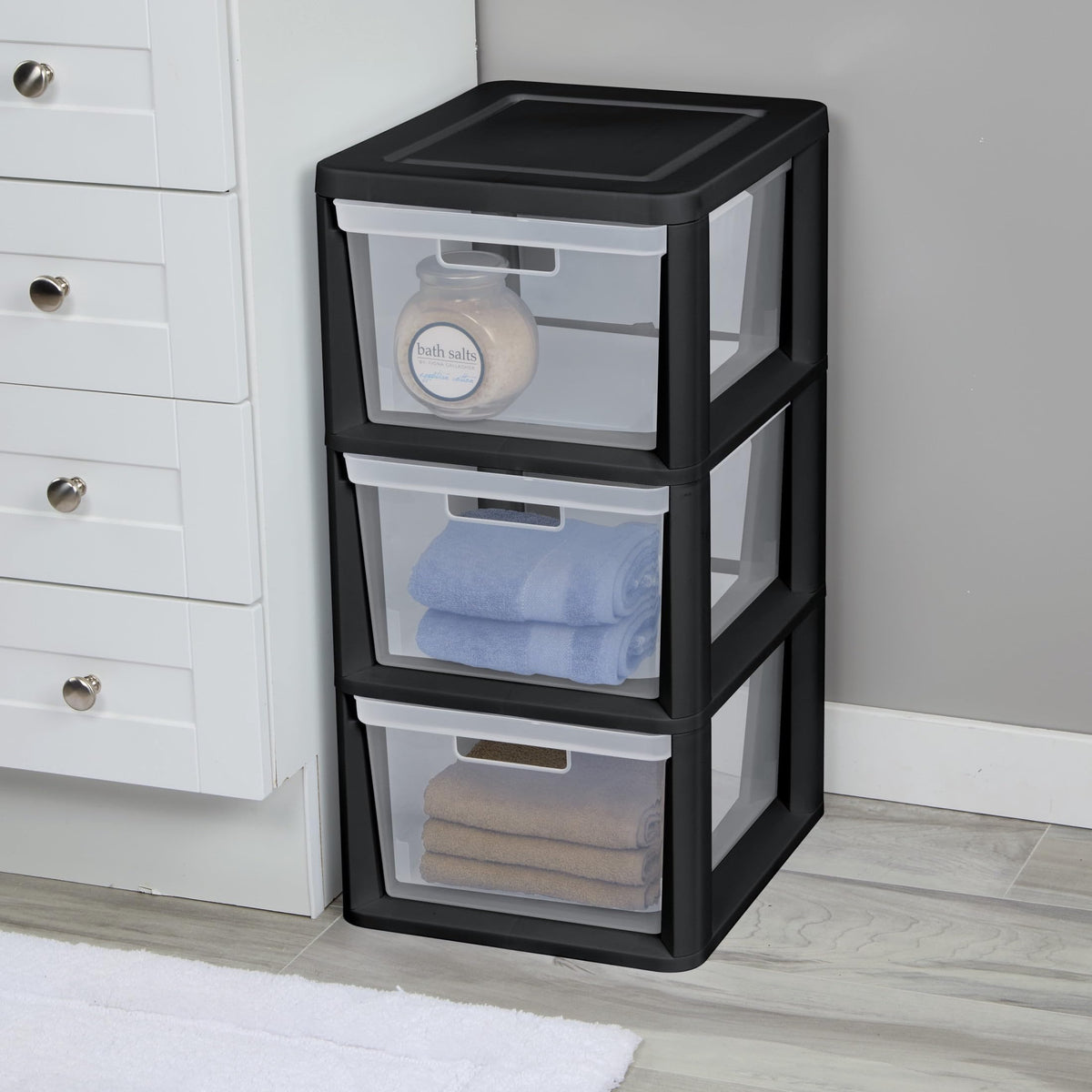 Black 3-Drawer Plastic Storage Tower with Clear Bins O332