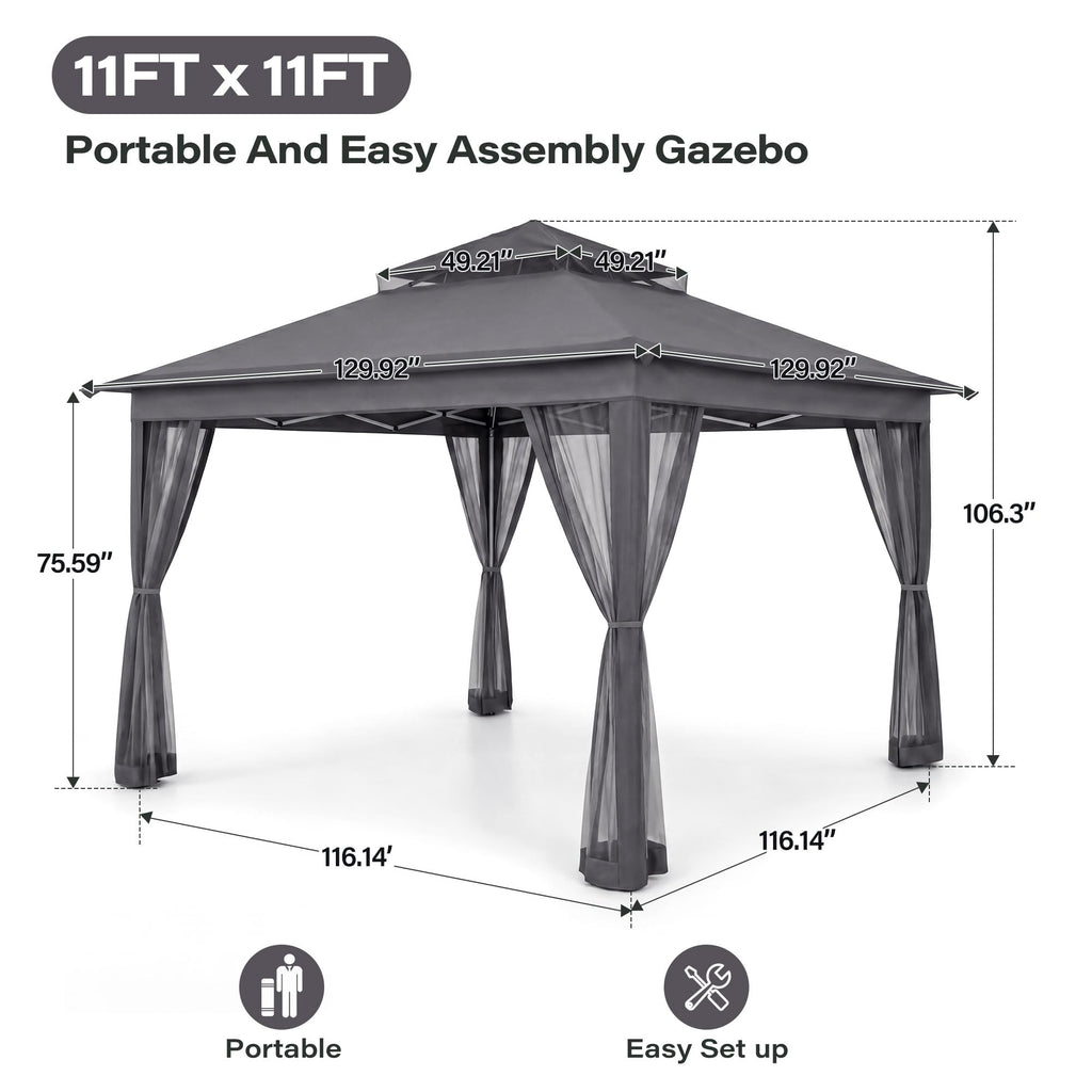 11x11 Pop Up Gazebo Canopy Tent with Mosquito Netting, Adjustable Height, Gray I179