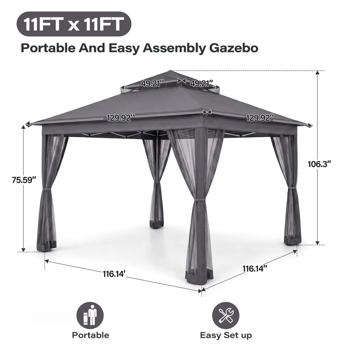 11x11 Pop Up Gazebo Canopy Tent with Mosquito Netting, Adjustable Height, Gray I179