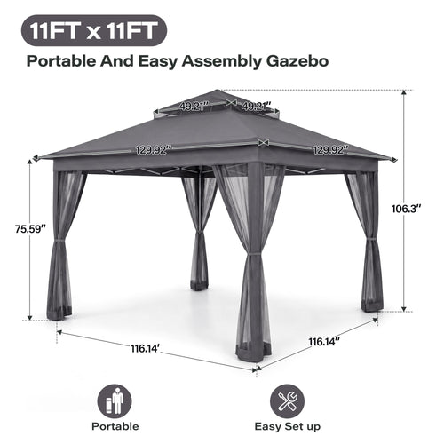 11x11 Pop Up Gazebo Canopy Tent with Mosquito Netting, Adjustable Height, Gray I179