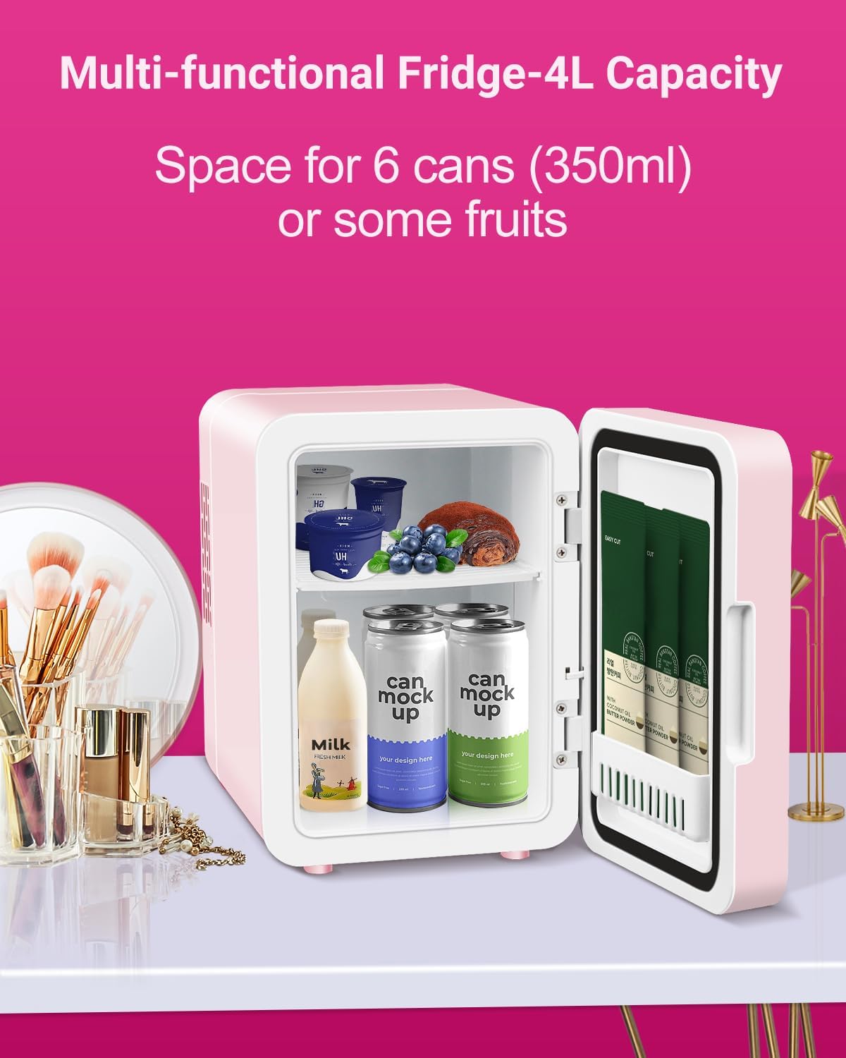 4-Liter Pink Portable Mini Fridge with Mirrored Door P892