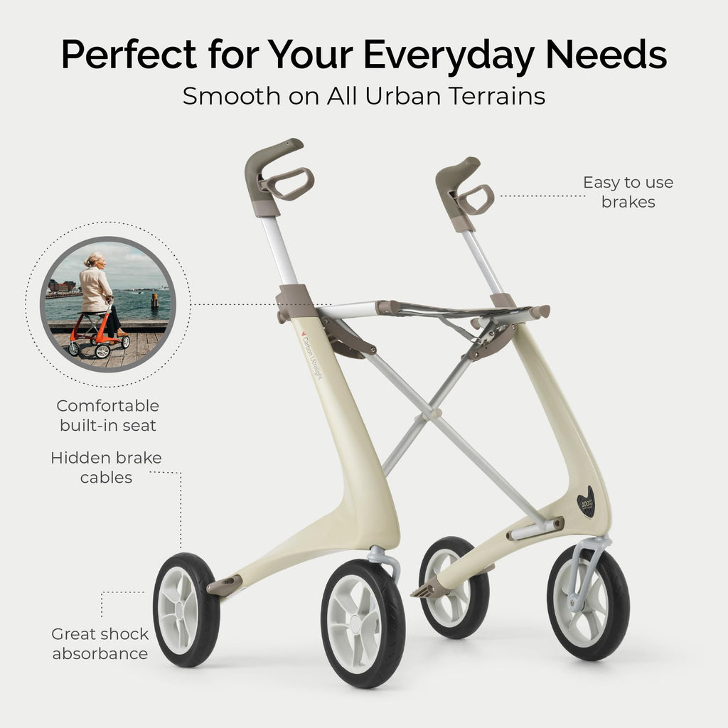 Carbon Ultralight Rollator Walker, 10.6 lbs, Oyster White, Compact N8386