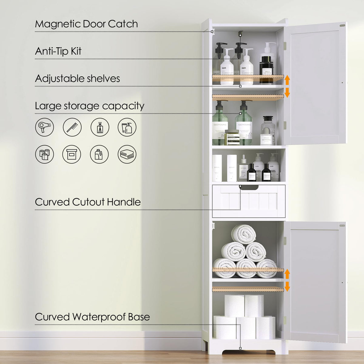 67" H Tall White Bathroom Storage Cabinet Z304