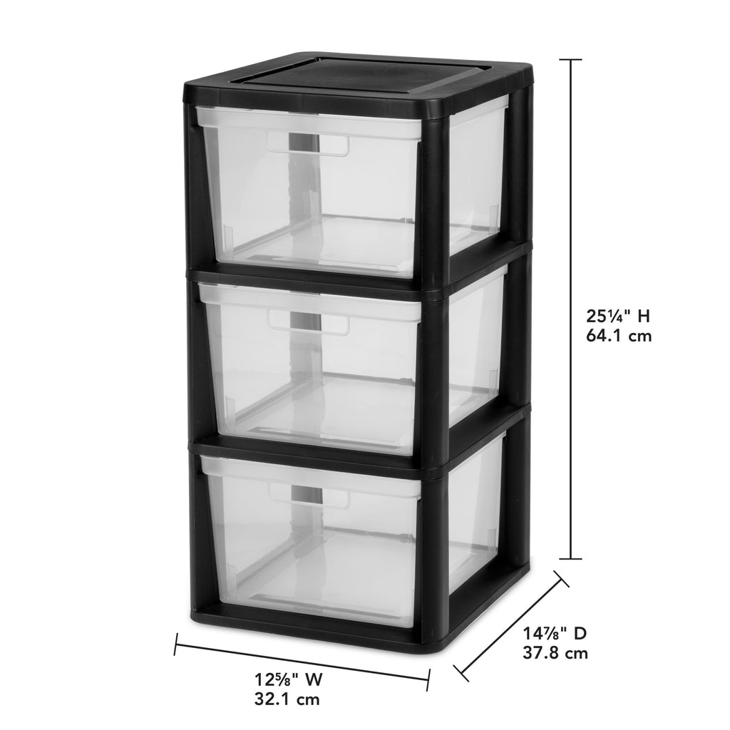 Black 3-Drawer Plastic Storage Tower with Clear Bins O332