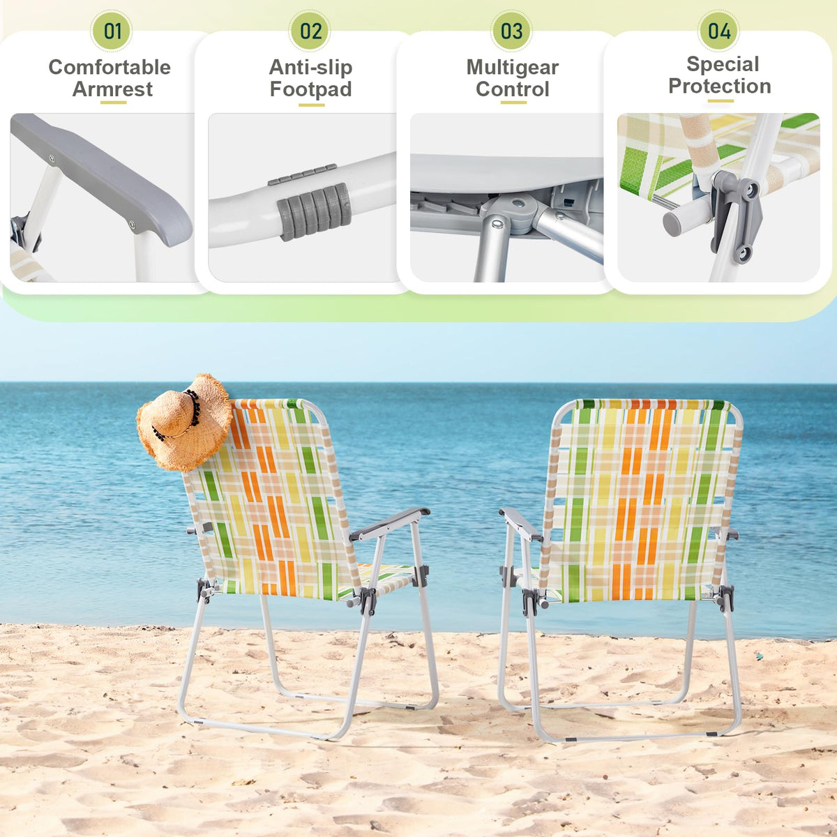 Set of 2 Webbed Folding Beach Chairs Yellow & Green P52637