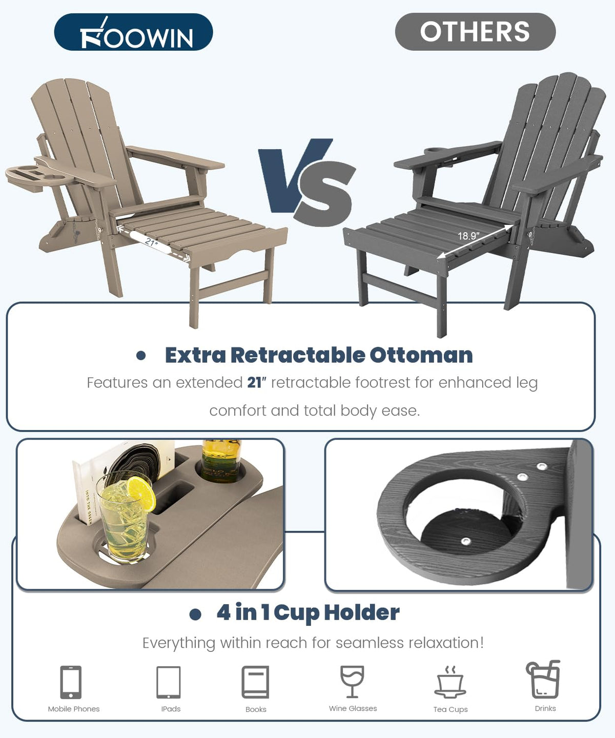 Folding Adjustable Adirondack Chair with Ottoman Set of 2 Q873799