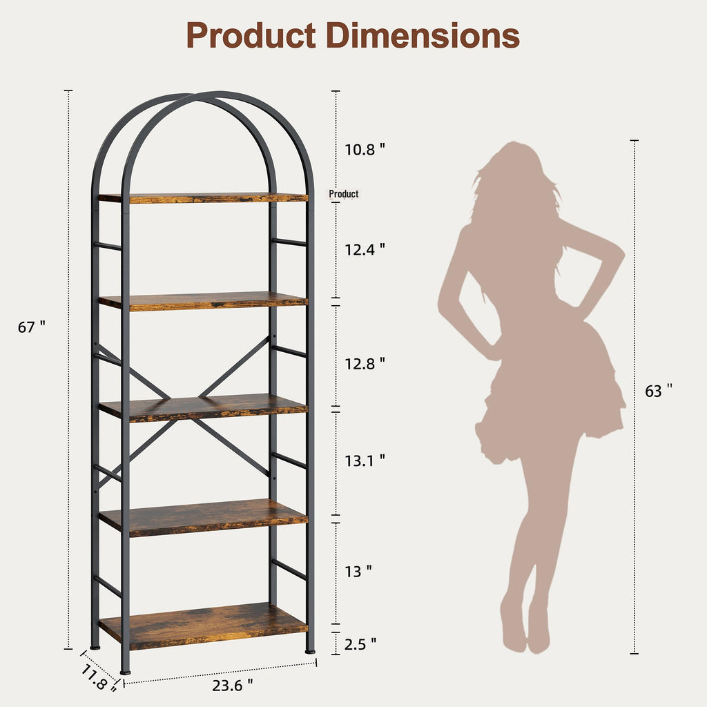 5 Tier Rustic Brown Bookshelf with Metal Frame U5667