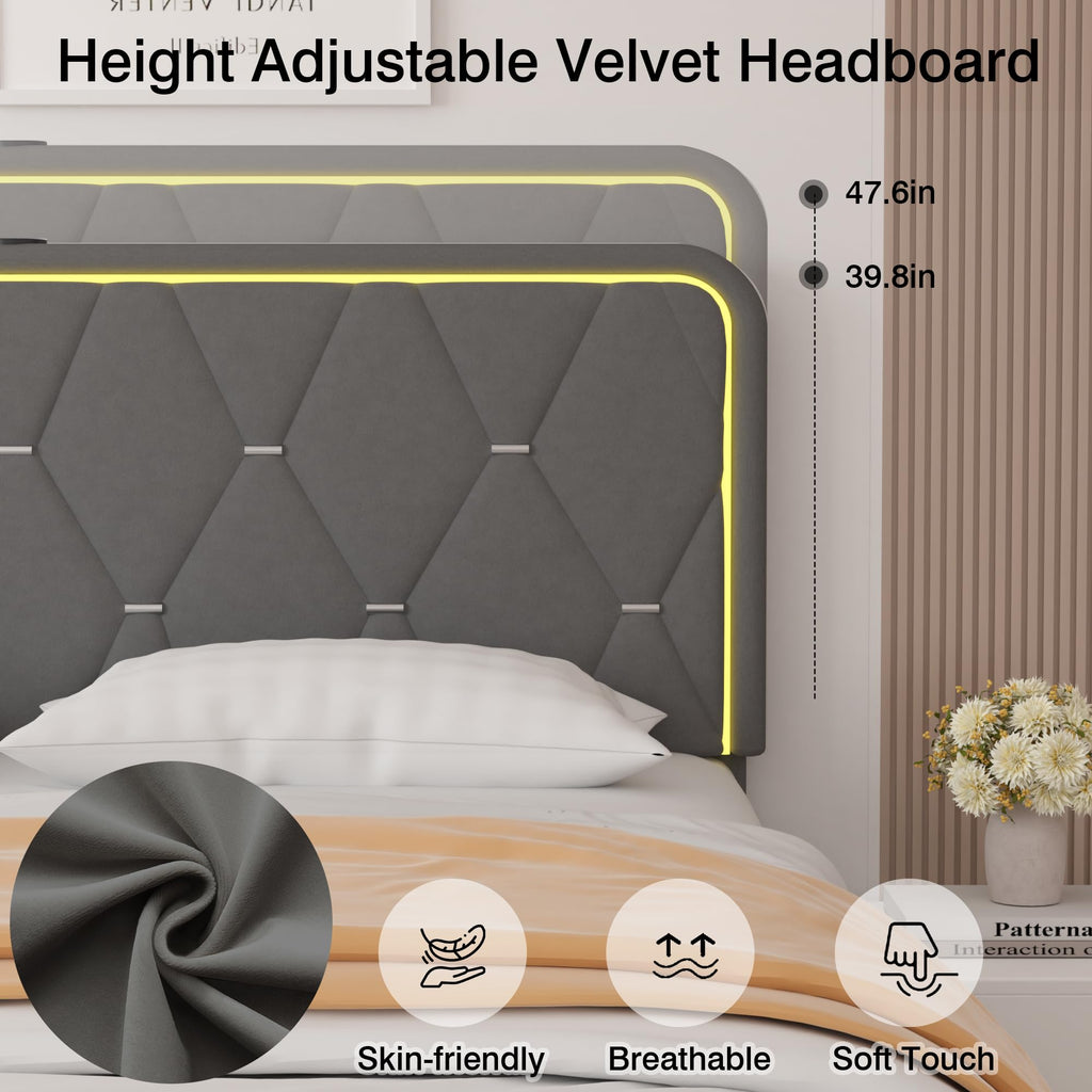 Dark Grey Velvet Upholstered Queen Bed Frame with Headboard Y655804