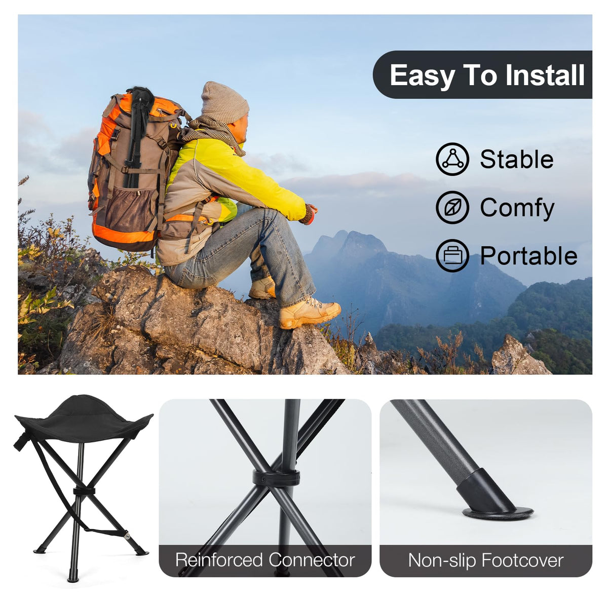 18" Black 3 Legs Folding Tripod Stool X4975