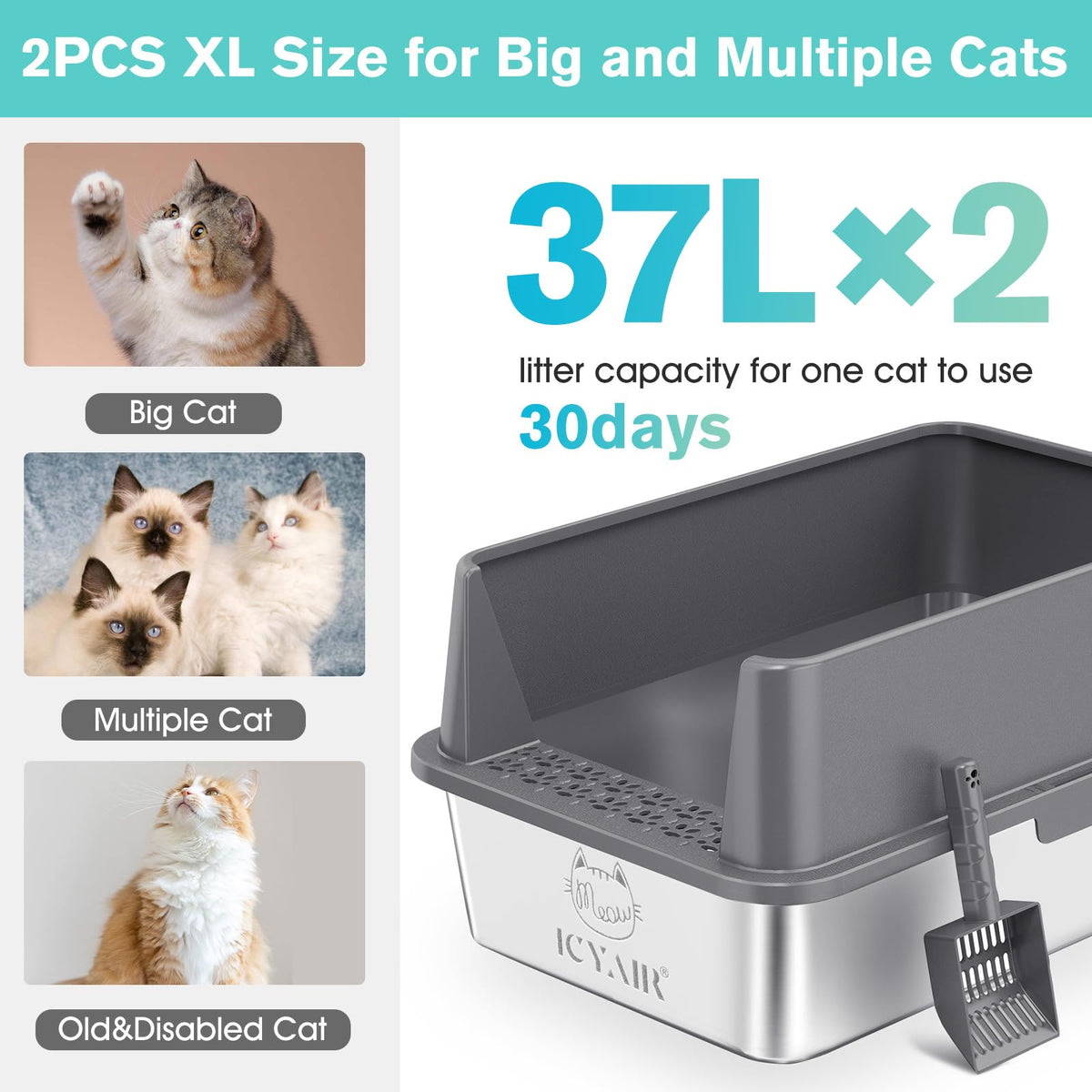 Stainless Steel Cat Litter Box with High Sides Lid E229
