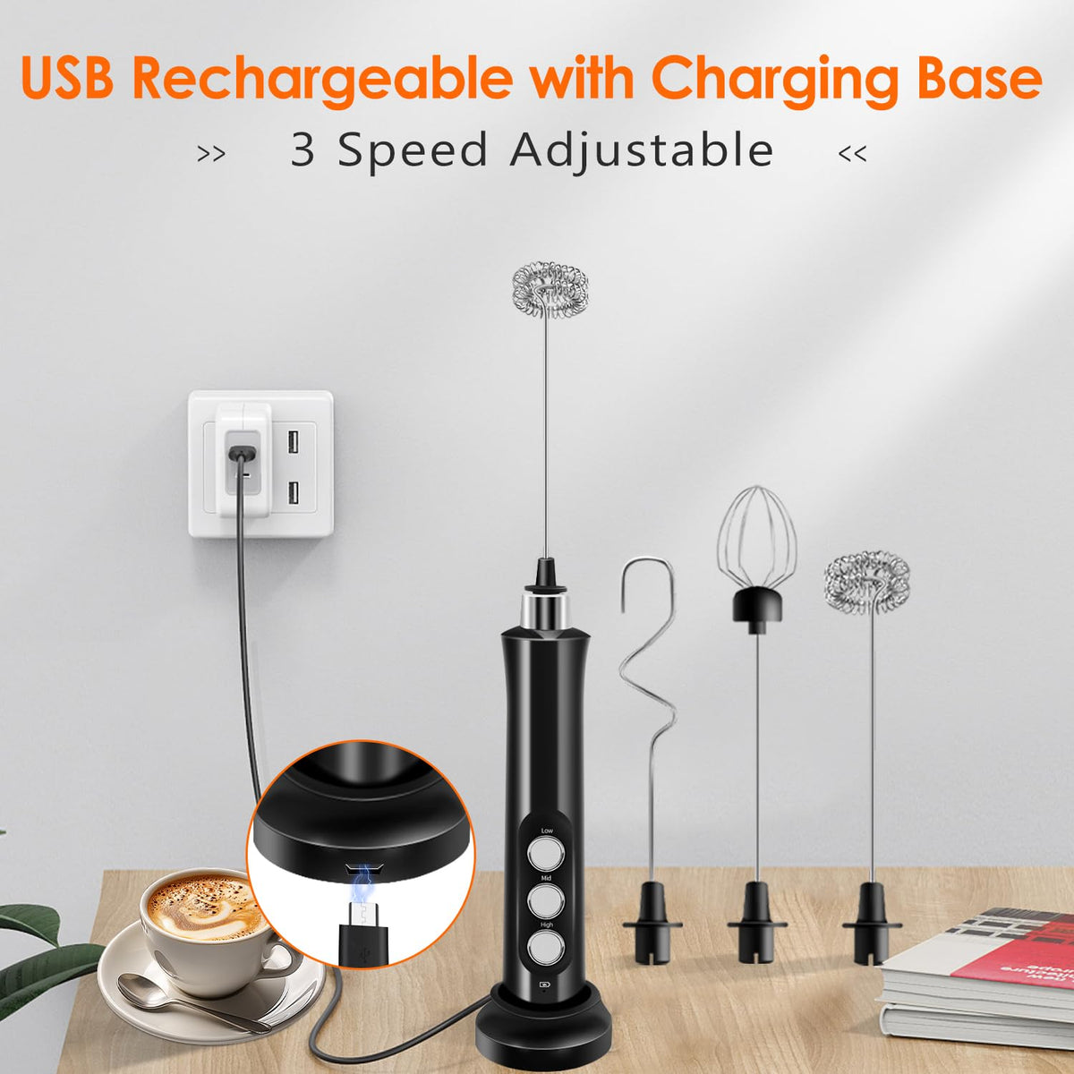 Rechargeable Handheld Milk Frother with 3 Stainless Steel Whisks S935494