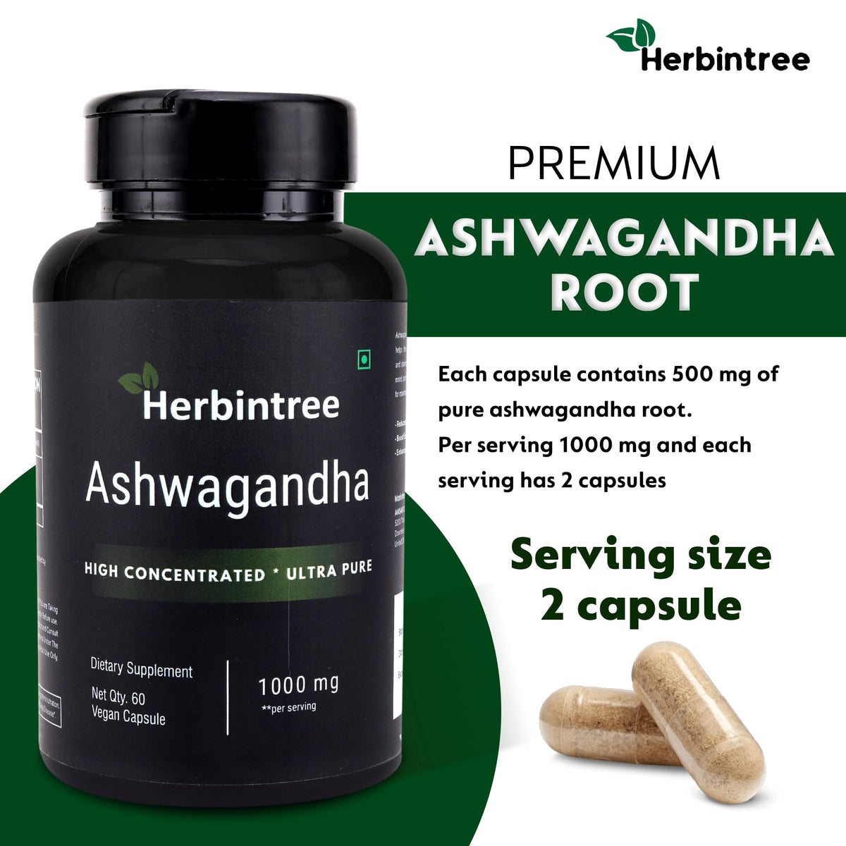 Ashwagandha 1000mg Vegan Non-GMO 60 Veg Capsules H5601