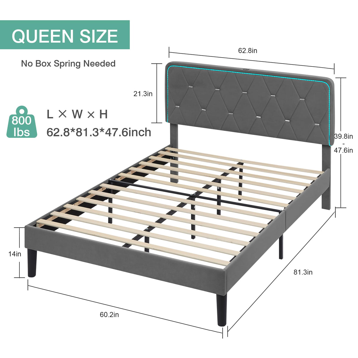 Dark Grey Velvet Upholstered Queen Bed Frame with Headboard Y655804
