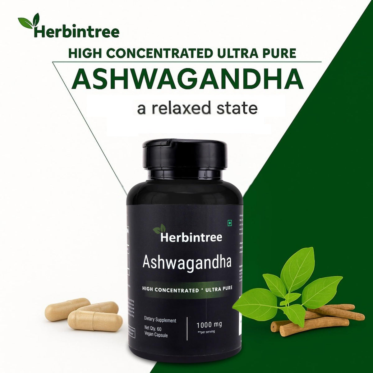 Ashwagandha 1000mg Vegan Non-GMO 60 Veg Capsules H5601
