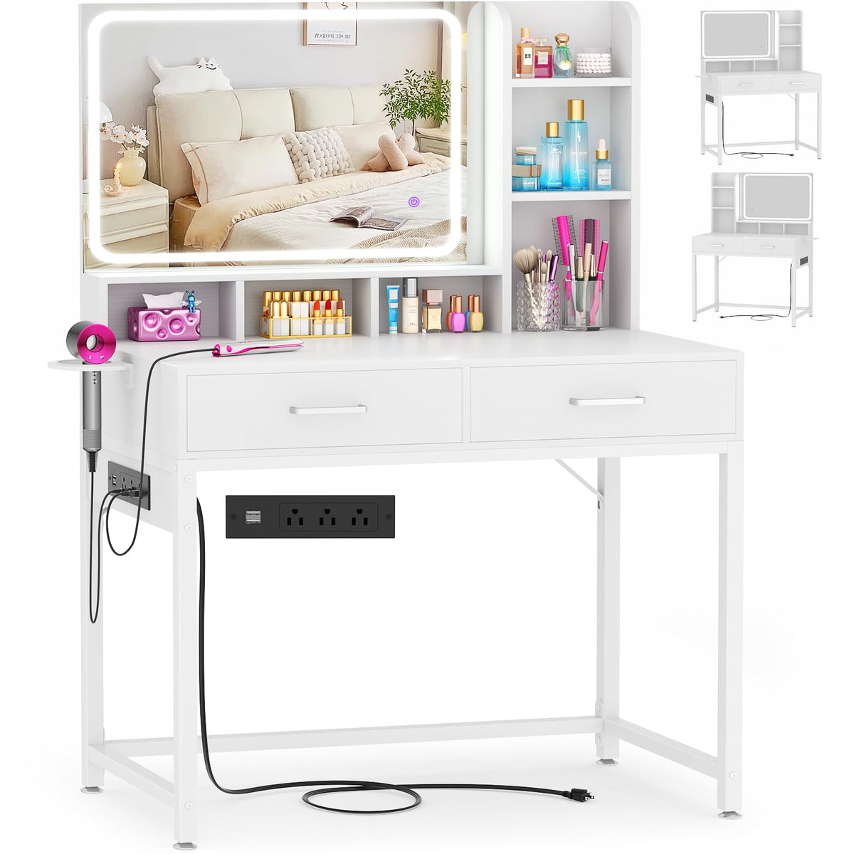 White Vanity Desk with Mirror and Drawers Q4184