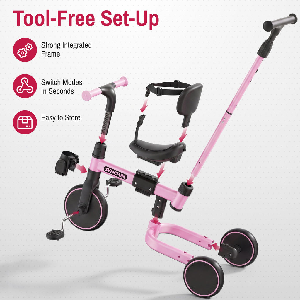 5-in-1 Kids Tricycle with Push Handle, Pink X751927