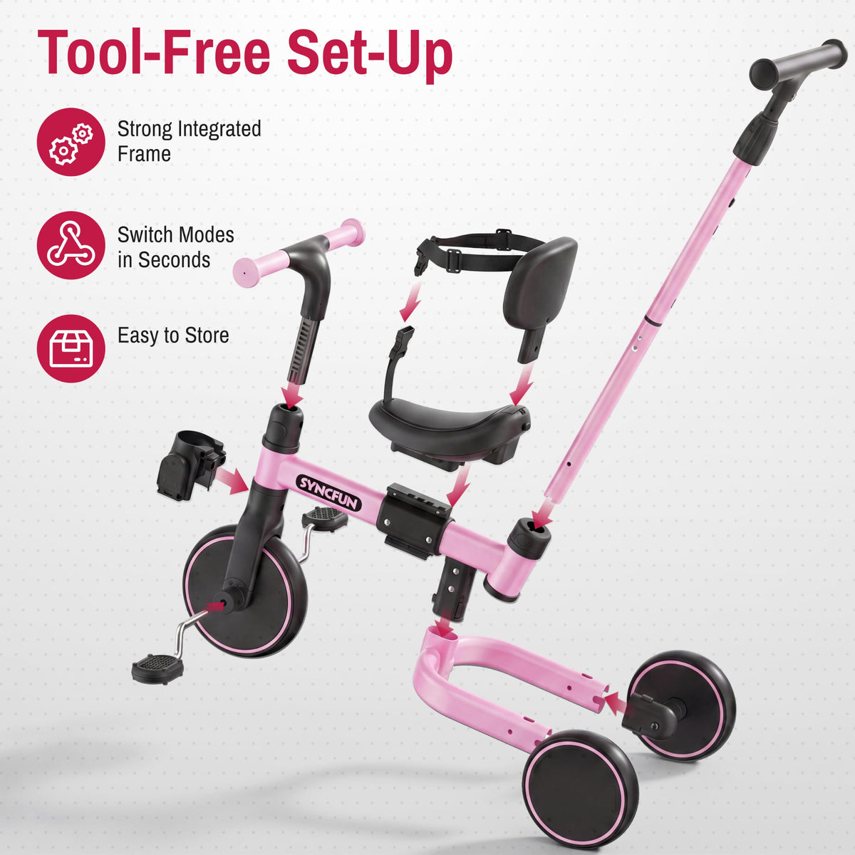 5-in-1 Kids Tricycle with Push Handle, Pink X751927