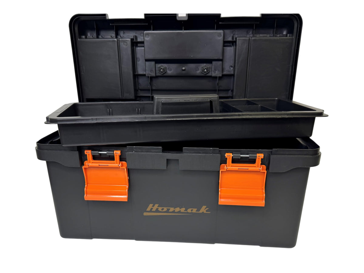 Plastic Tool Box with Tray and Dividers, Black, 19.25 Inches K5366