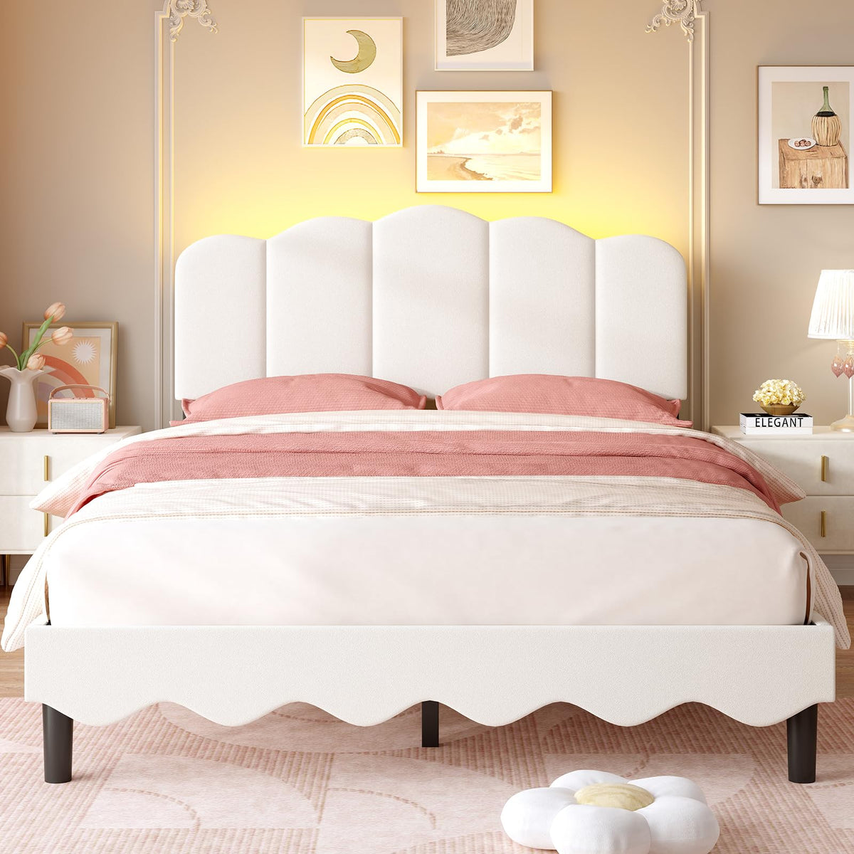 Beige Full Size Bed Frame with Storage Headboard K138