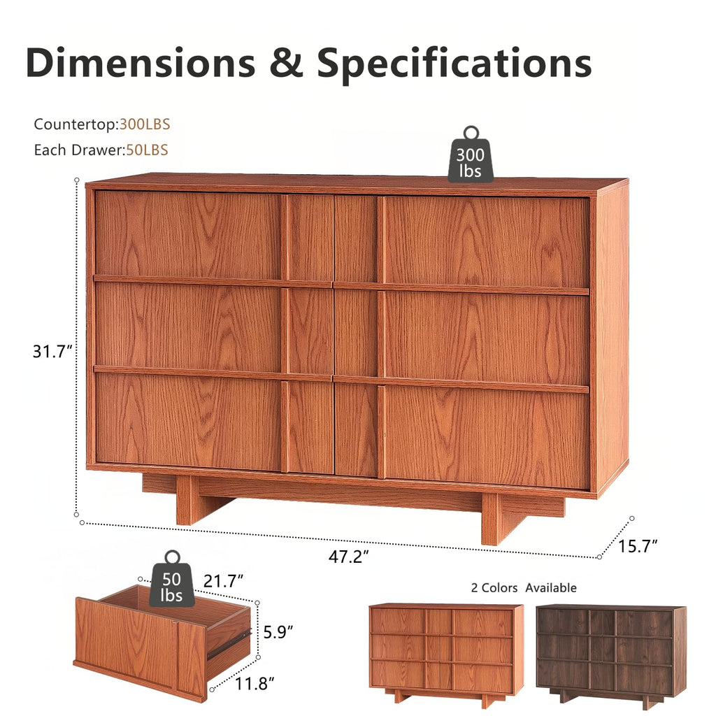 47" Wide 6 Drawer Dresser and Nightstand Set 3 Piece, Cherry P592954
