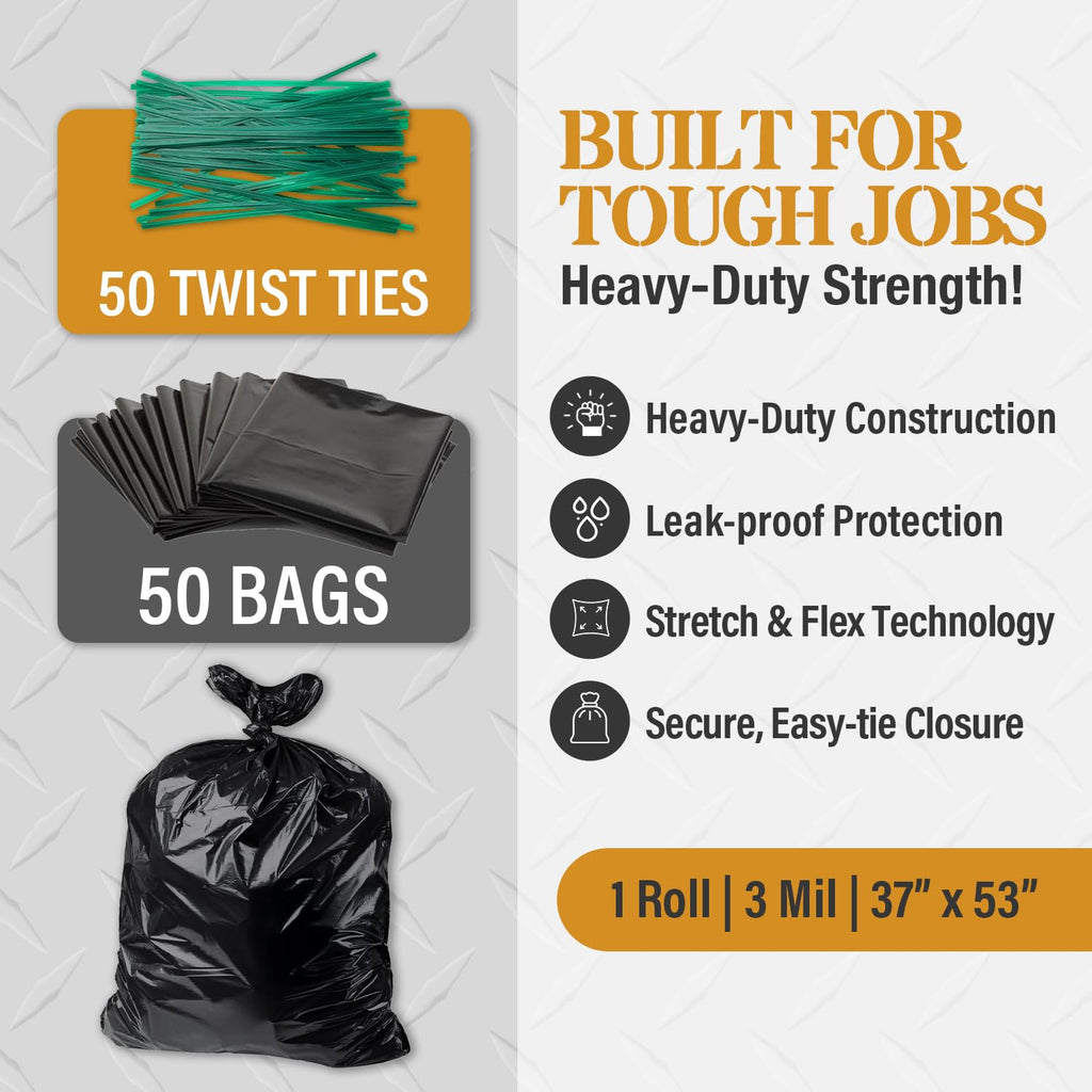 55 Gallon Heavy Duty 3 Mil Black Trash Bags 50 Ct W181821