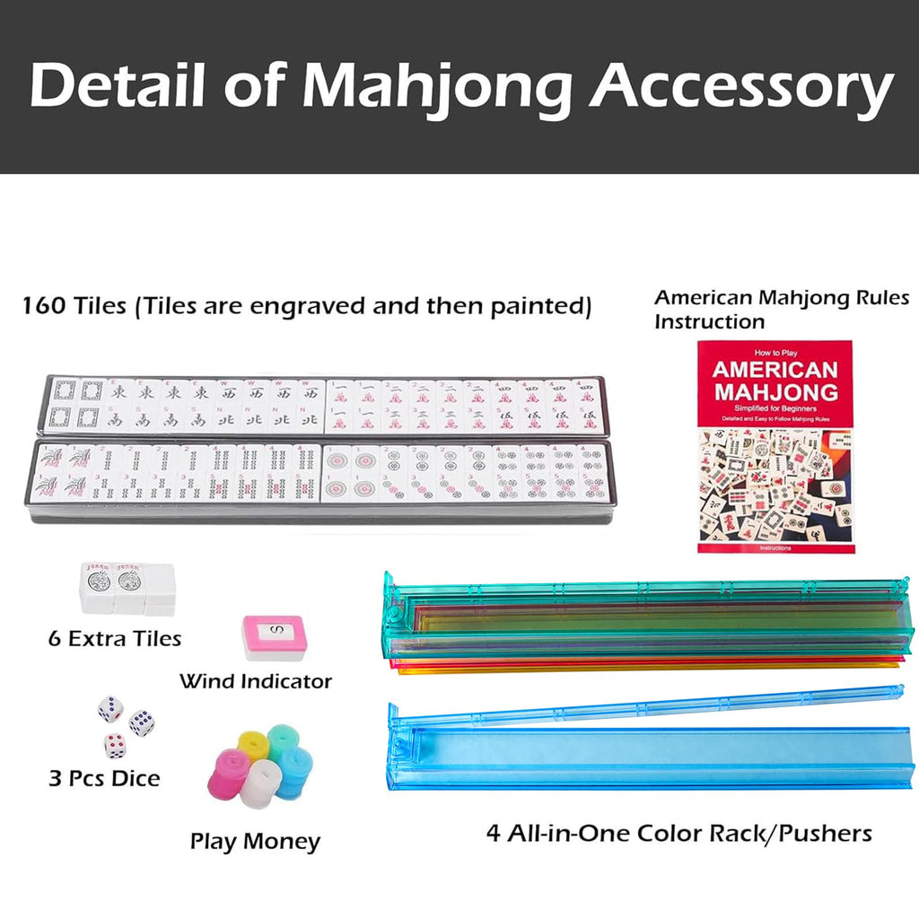 American Mahjong Game Set, 166 White Tiles, 4 Color Rack/Pushers, Blue Carrying Bag D719