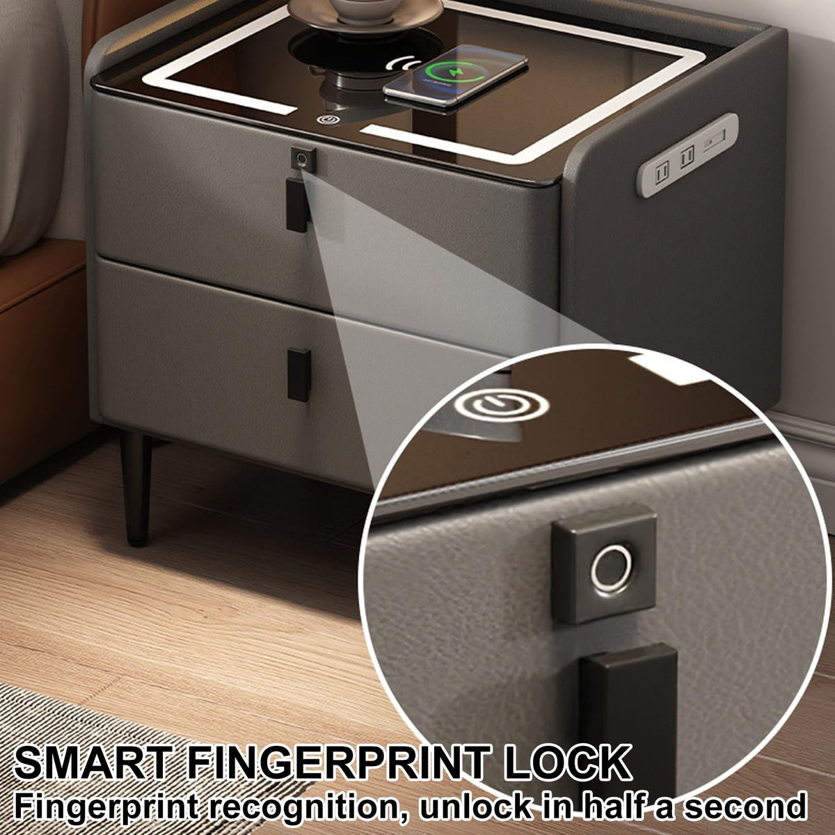 Khaki Nightstand with Wireless Charging Station and 3 Drawers D42527