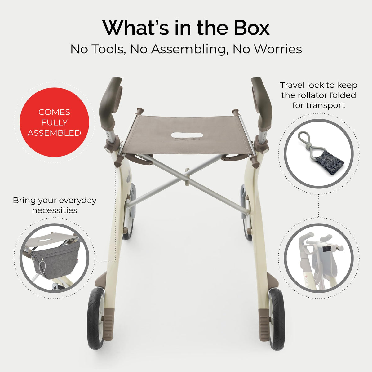Carbon Ultralight Rollator Walker, 10.6 lbs, Oyster White, Compact N8386